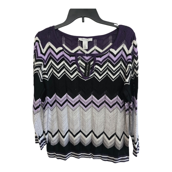 WHBM Blouse Women Sz L Long Sleeve Color Block Pleated Lace Cut Out Colorful - Picture 1 of 12